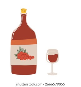 Large bottle of red wine with grapes berries illustration next to wine glass.