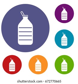 Large bottle of water icons set in flat circle reb, blue and green color for web