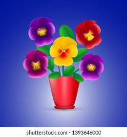 a large bouquet of multicolored pansies in a red ceramic vase on a blue gradient background
