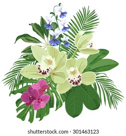 Large bouquet. Orchids, tropical flowers and leaves. Botanical vector illustration.