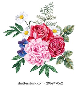 Large bouquet of peony, roses, violets and chamomile. Garden flowers. Hand-painted, watercolor vector illustration.