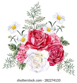 Large bouquet of roses, rose hips and chamomile. Hand-painted, watercolor vector illustration