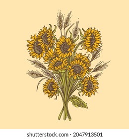 Large bouquet sunflowers and wheat. Color. Engraving style. Vector illustration.