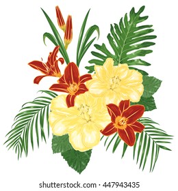 Large bouquet of yellow hibiscus and red lilies isolated on a white background. Vector illustration