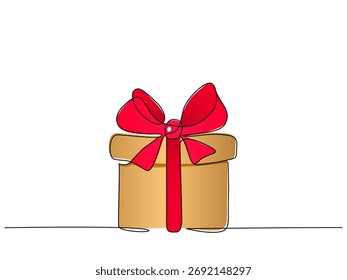 Caixa grande com um arco e fita vermelha para Natal, Ano Novo ou aniversário. Ilustração de vetor plano, desenho de linha contínua única, isolado no fundo branco.