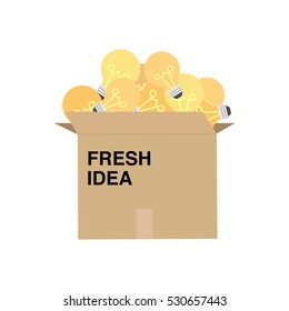 Large box with bulbs new ideas. Creative light bulb idea.