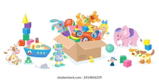 A large box with children's toys and many colorful toys around. In cartoon style. Isolated on white background. Vector flat illustration