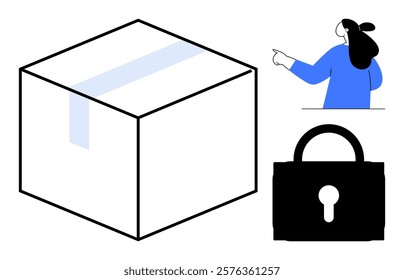 A large box, a customer service representative pointing, and a lock symbol. Ideal for delivery services, security, customer support, logistics, packaging safety themes. Minimalist design style