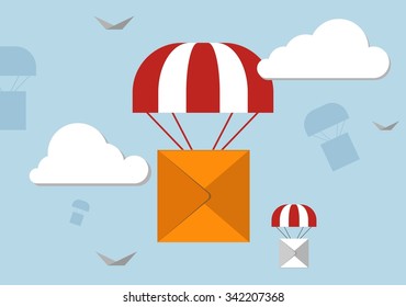 Large box fly on a parachute in the sky. Concept for delivery service.Flat design colored vector illustration.