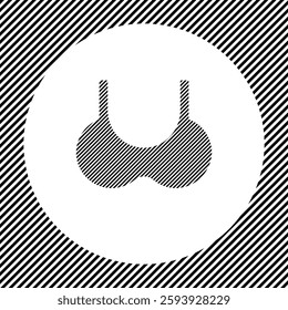 A large bra symbol in the center as a hatch of black lines on a white circle. Interlaced effect. Seamless pattern with striped black and white diagonal slanted lines