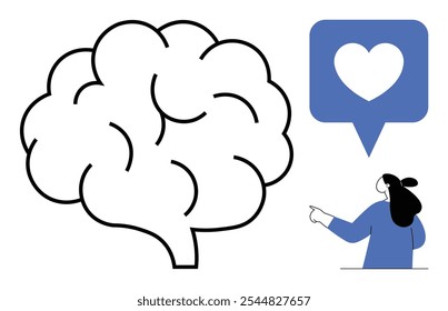 Large brain outline next to a person pointing at a speech bubble containing a heart icon. Ideal for promoting mental health, emotional intelligence, psychology, love, and minimalistic design. Modern