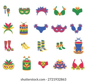 Large Brazilian Carnival elements set with masks feathers costumes drums maracas and festival accessories illustration