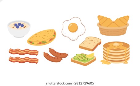 Large breakfast assortment including oatmeal, omelet, fried egg, bacon, sausages, bread, avocado toast, and stack of pancakes.