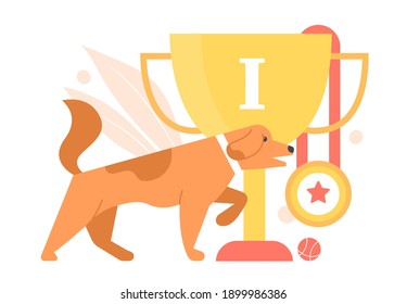 Large breed dog. Pet champion. Gold cup and medal. Dog show, competition, contest. Vector flat illustration.