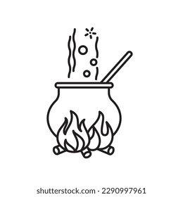 Large brewing pot on fireplace  vector line icon for Brew A Potion Day on January 19