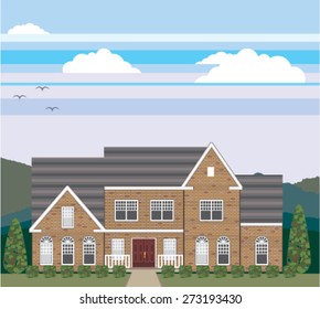 Large Brick house with landscape stylized vector
