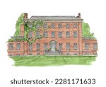 Large brick house, mansion, stately home, grand country estate. Wedding venue, luxury hotel. Watercolor illustration. Isolated vector.