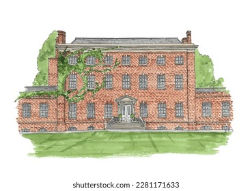 Large brick house, mansion, stately home, grand country estate. Wedding venue, luxury hotel. Watercolor illustration. Isolated vector.