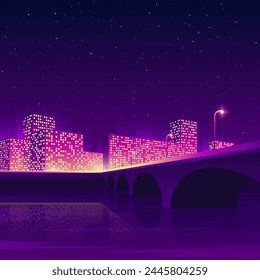 A large bridge across the river near a shining city at night. Abstract buildings in a busy city scene.