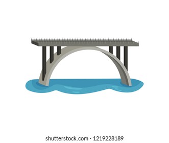 Large bridge over river. Modern construction for transportation. Metal footbridge with railings. Flat vector design