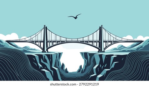 Large bridge spanning a deep cliff gorge with a waterfall and a lone bird flying through the wide blue valley.