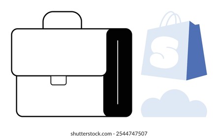 A large briefcase is accompanied by a shopping bag with the letter S and a cloud symbol. Ideal for business, e-commerce, storage, cloud technology, education. Simple clean style