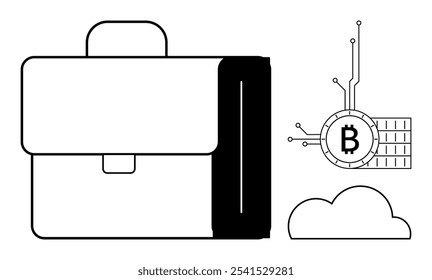 Large briefcase with Bitcoin and cloud icons indicates digital finance and storage. Ideal for investment, cryptocurrency, business, technology, and cloud storage. Line art style. Black and white