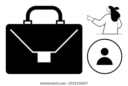 Grande maletín con un asa, un ícono de una persona dentro de un círculo y una mujer de negocios apuntando a la derecha. Ideal para presentaciones de negocios, vida de oficina, servicios profesionales, búsqueda de empleo, empresa