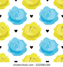 Large bright blue and light blue roses surrounded by small black hearts