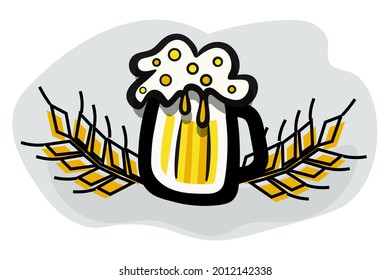 Large bright mug of beer with lush foam. Emblem for a day of beer with ears of wheat. A generous portion, a pint of beer. Festival Oktoberfest. Vector isolated. Banner, postcard, poster, label.