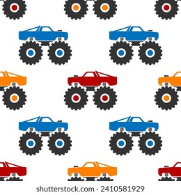 Large bright multi-colored monster trucks isolated on a white background. Cute car seamless pattern. Vector simple flat graphic illustration. Texture.