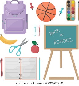 A large, bright school set consisting of school supplies, such as a backpack,a basketball,a brush, paints, a banana,an apple , scissors, as well as a blackboard, a pencil, a pen and a notepad.