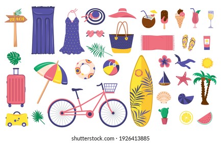 A large bright set summer items. Beach, vacation and travel icons. Clothing, ice cream, soft drinks and decorative marine elements. Cycle ride, luggage holiday and surfboard. Vector flat illustration