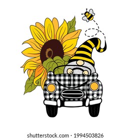 
Large, bright sunflower, funny bee and summer gnome driving a checkered car. Honey farms decor. Vector design. Cartoon illustration.