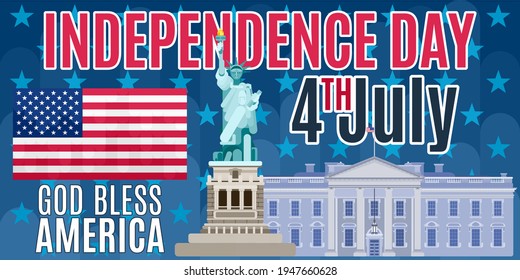 large bright USA independence day poster with statue. vector flat style