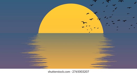 A large, bright yellow sun sets over a tranquil ocean, casting a golden reflection. Silhouetted birds gracefully fly across the twilight sky.