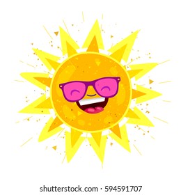 Large bright yellow sun in sunglasses and with a big smile. Vector illustration on white background. Summertime concept.