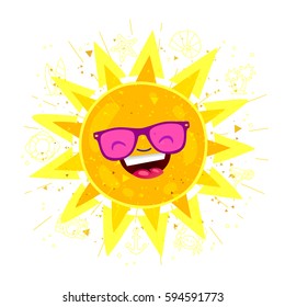 Large bright yellow sun in sunglasses and with a big smile. Vector illustration on white background with summer icons. Summertime concept.