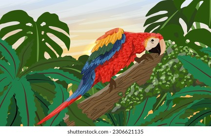 Large brightly colored scarlet macaw parrot sits on the branches of a tropical tree with moss and large leaves. South America and Africa. Realistic vector landscape