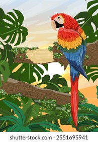 Large brightly colored scarlet macaw parrot sits on the branches of a tropical tree with moss and large leaves. South America and Africa. Realistic vector vertical landscape