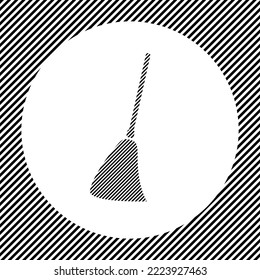 A large broom symbol in the center as a hatch of black lines on a white circle. Interlaced effect. Seamless pattern with striped black and white diagonal slanted lines