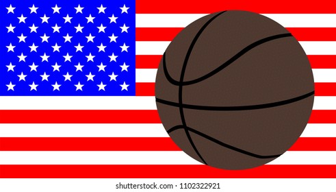 A large brown backetball over a USA Stars and Stripes Flag