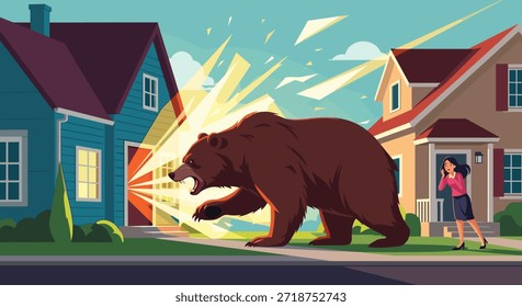Grande oso pardo rugiendo y atacando una casa suburbana mientras una mujer asustada pide ayuda por su teléfono.