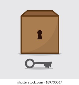 Large brown box with keyhole and key 