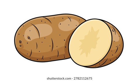 large brown potato is presented with a thick circular slice cut from one end, showing the solid light-colored starchy interior of the vegetable.