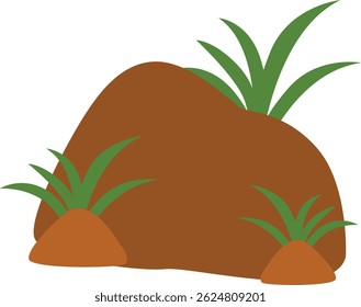 A large brown rock with three surrounding green plants, featuring pointed leaves, designed in a minimal and organic style.