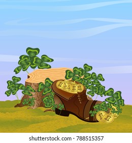 A large brown shoe filled with gold coins. Stump in thickets of clover. St.Patrick's Day. Vector landscape