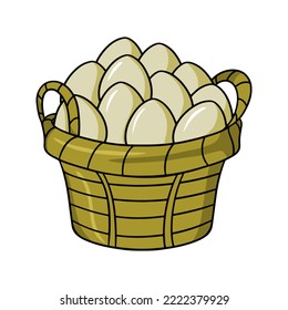 Large brown wicker basket with light chicken eggs, vector illustration in cartoon style on a white background