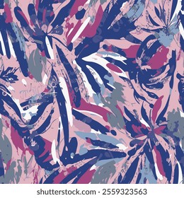 large brush strokes and leaf-like shapes in various colours (pink, purple, blue, white and green tones)