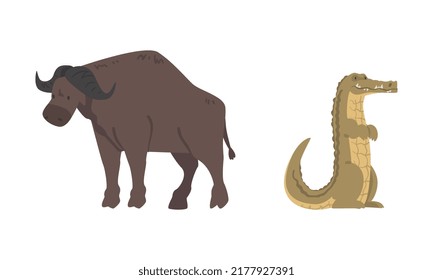 Large Buffalo with Horns and Crocodile as Wild African Animal Living in Savannah Vector Set